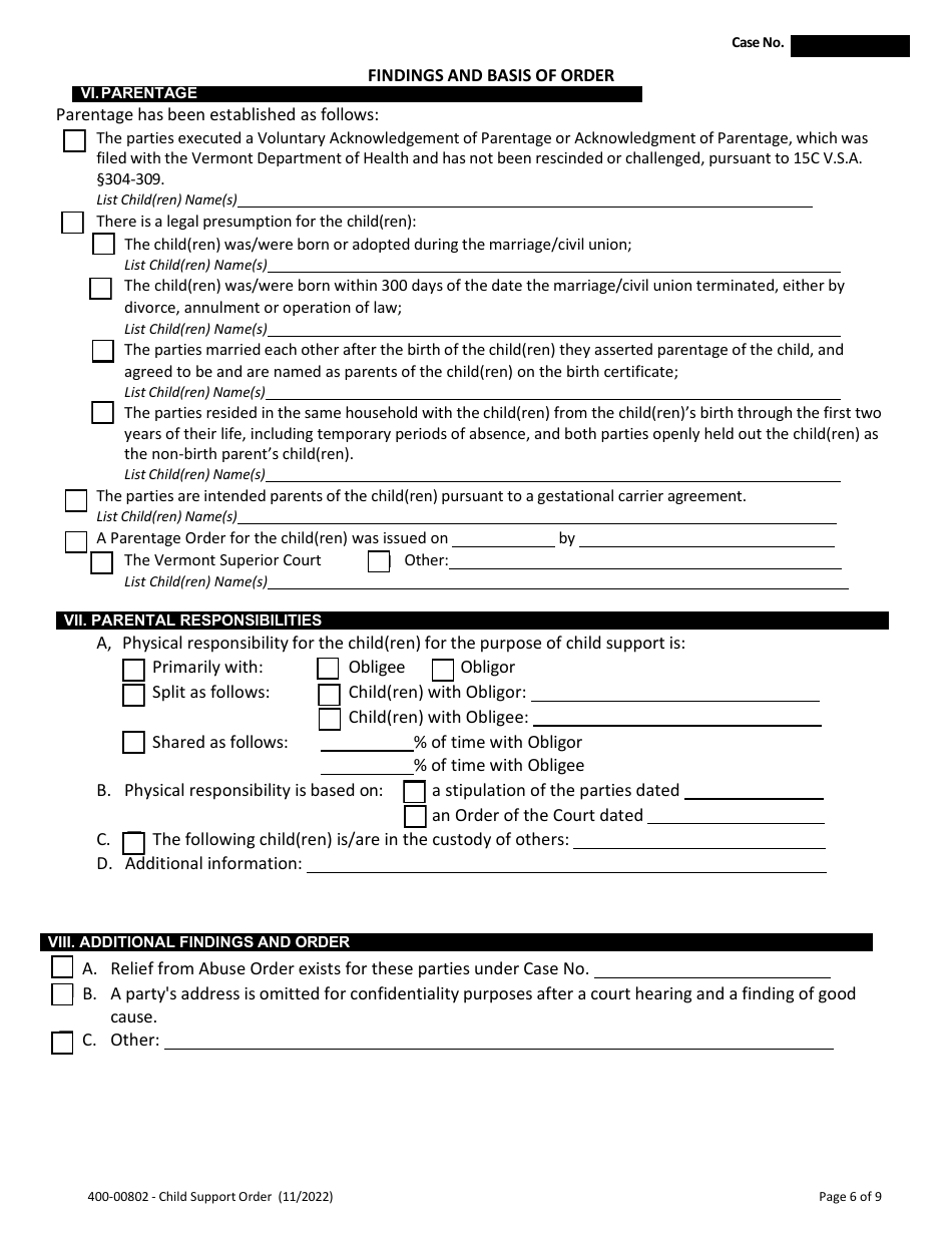 Form 400-00802 Child Support Order - Vermont, Page 6