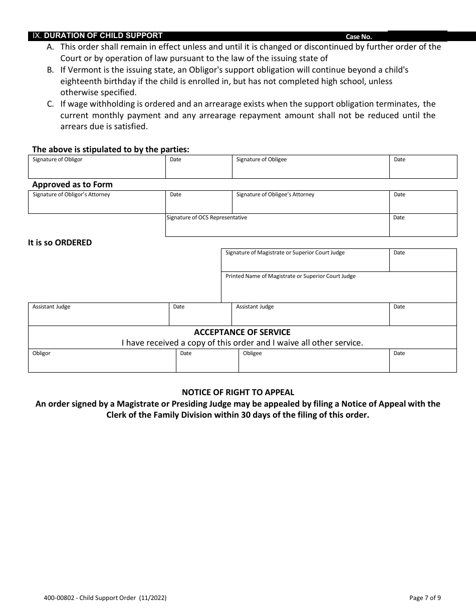 Form 400-00802 Child Support Order - Vermont, Page 7