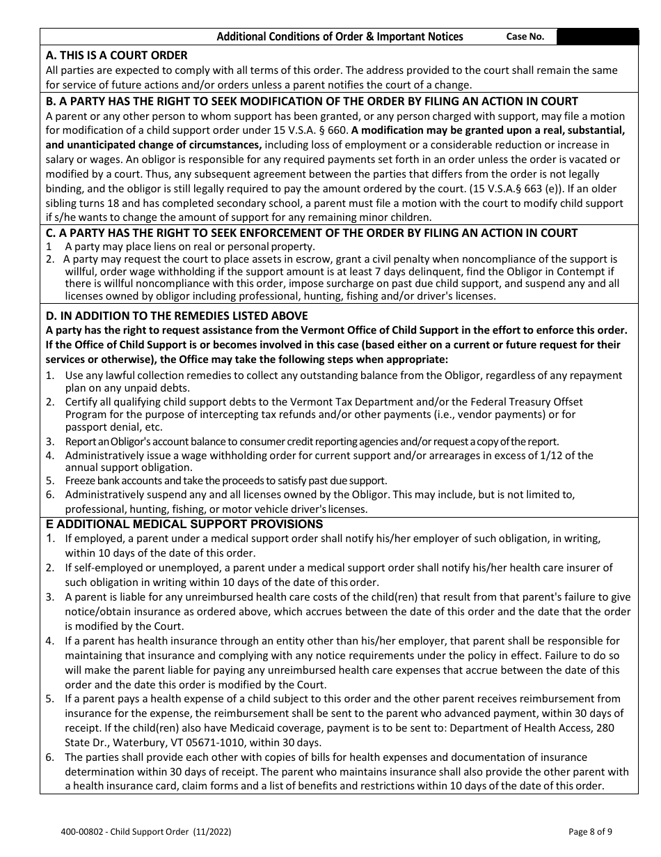 Form 400-00802 Child Support Order - Vermont, Page 8