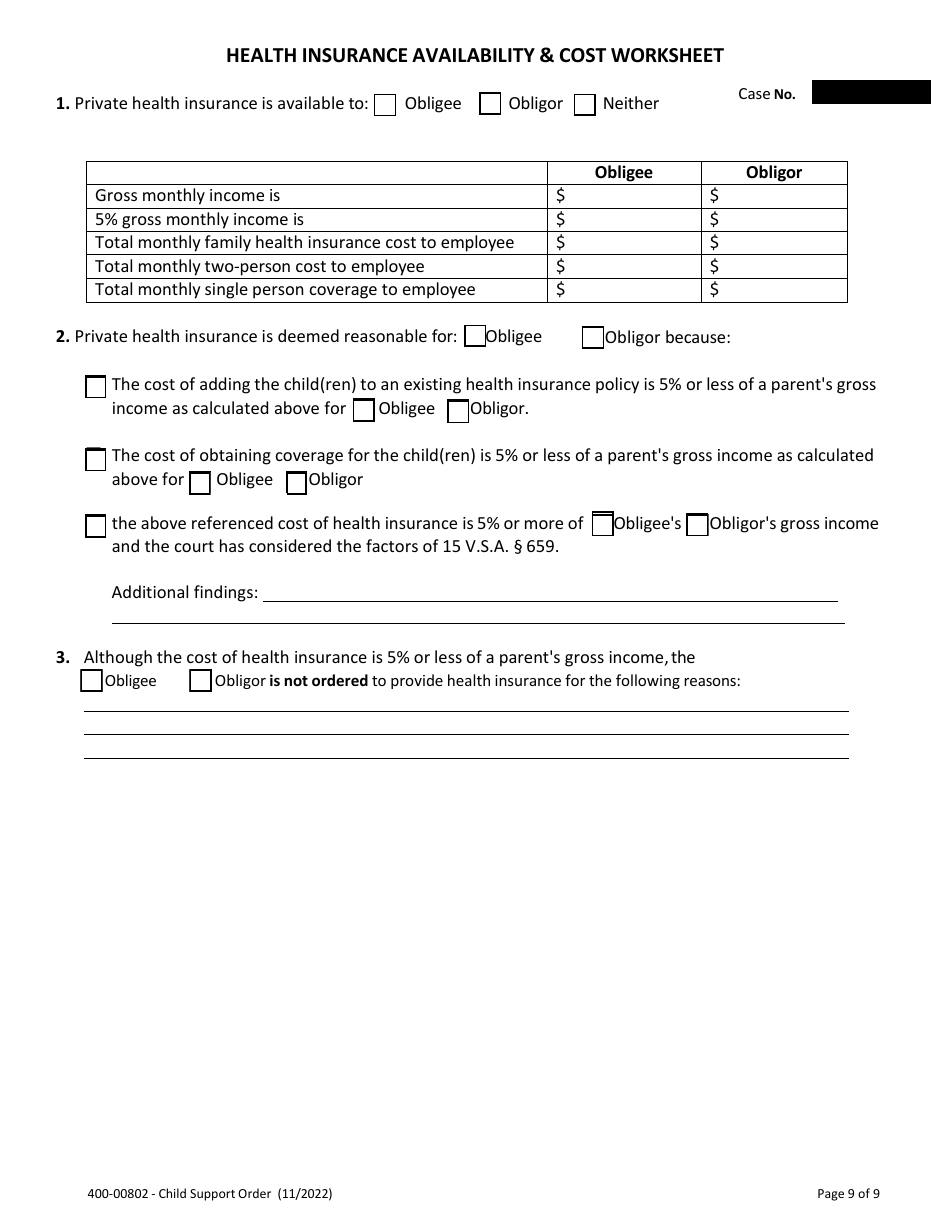 Form 400-00802 Child Support Order - Vermont, Page 9