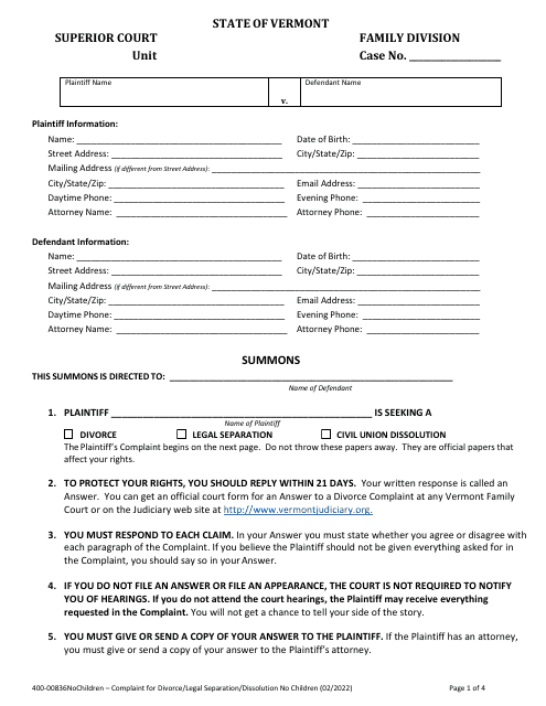 Form 400-00836NOCHILDREN Complaint for Divorce/Legal Separation/Dissolution Without Children - Vermont