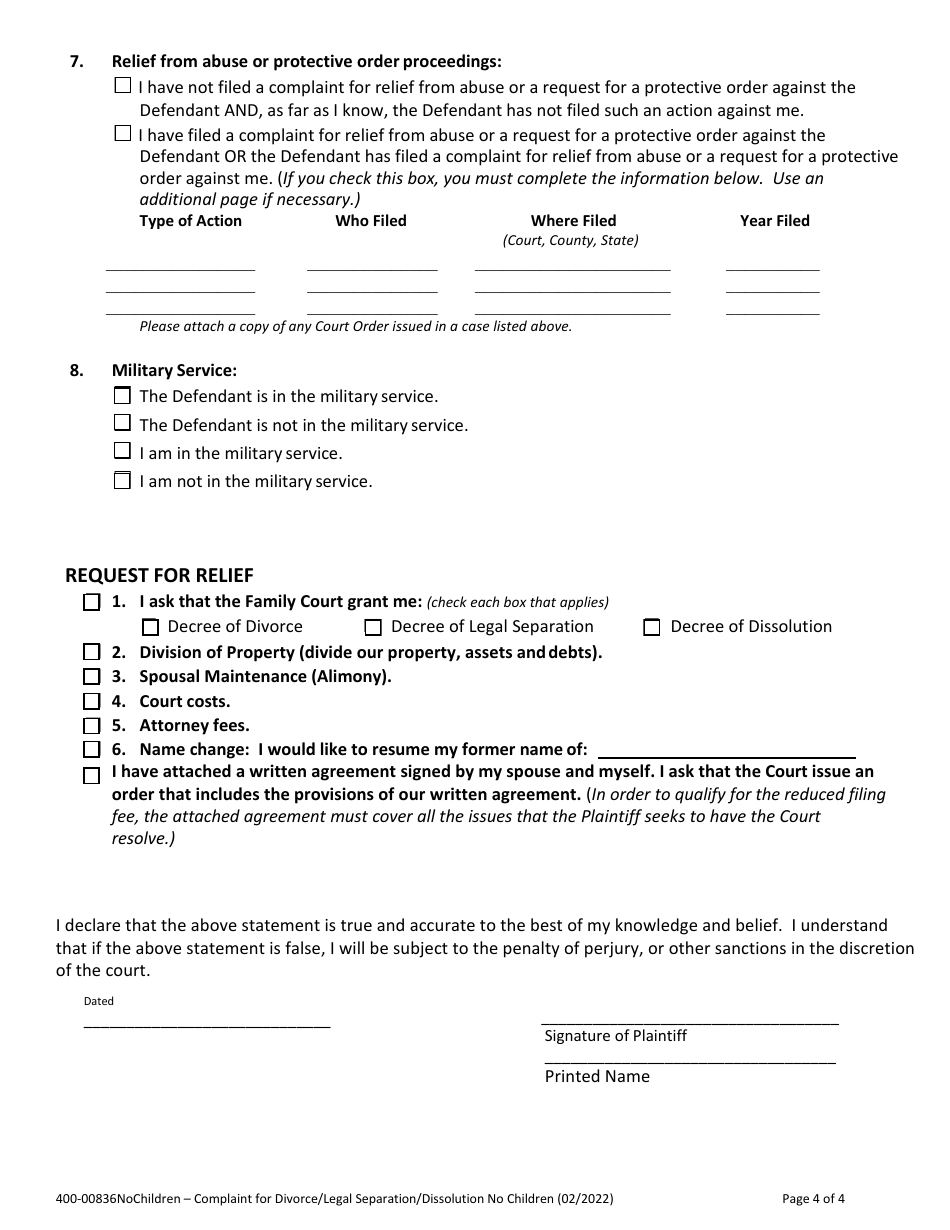 Form 400-00836NOCHILDREN Complaint for Divorce / Legal Separation / Dissolution Without Children - Vermont, Page 4