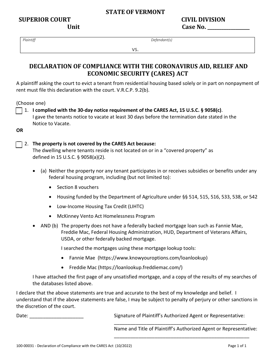 Form 100-00031 Declaration of Compliance With the Coronavirus Aid, Relief and Economic Security (Cares) Act - Vermont, Page 1