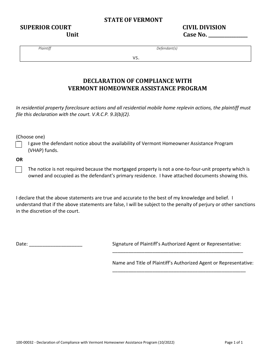 Form 100-00032 Declaration of Compliance With Vermont Homeowner Assistance Program - Vermont, Page 1