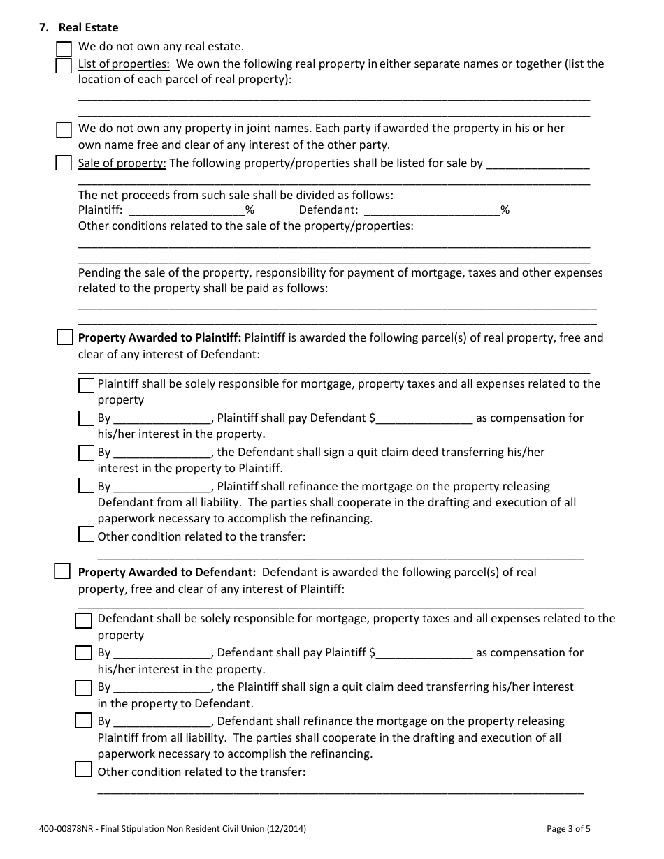 Form 400-00878NR Final Stipulation - Property, Debts and Spousal Support (For Use in Nonresident Divorce / Dissolution Cases Only) - Vermont, Page 3