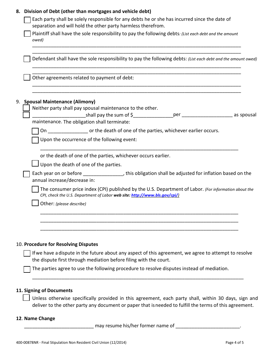 Form 400-00878NR Final Stipulation - Property, Debts and Spousal Support (For Use in Nonresident Divorce / Dissolution Cases Only) - Vermont, Page 4