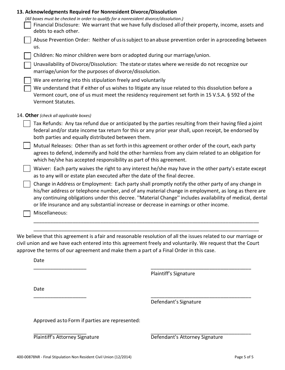 Form 400-00878NR Final Stipulation - Property, Debts and Spousal Support (For Use in Nonresident Divorce / Dissolution Cases Only) - Vermont, Page 5