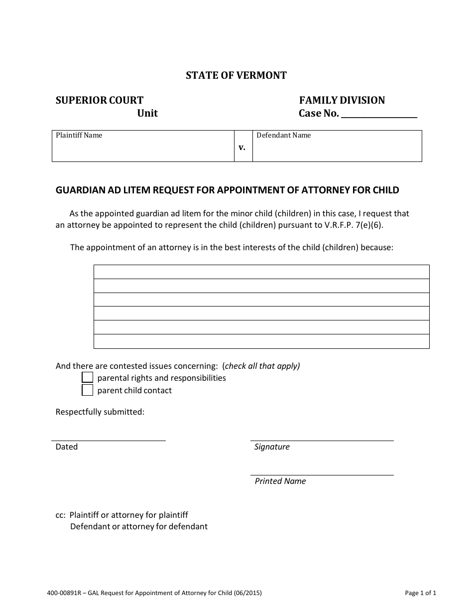 Form 400-00891R Guardian Ad Litem Request for Appointment of Attorney for Child - Vermont, Page 1