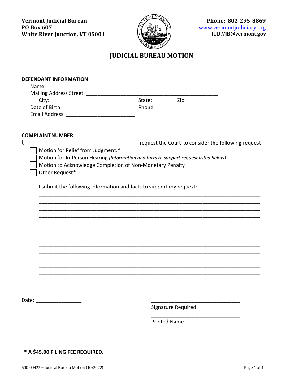 Form 500-00422 Judicial Bureau Motion - Vermont, Page 1