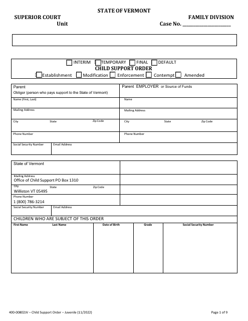 Form 400-00802JV Child Support Order - Vermont