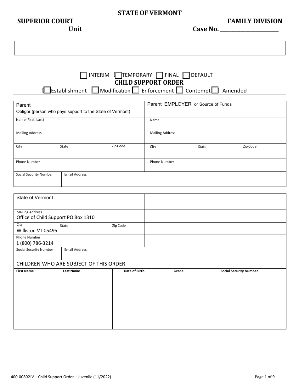 Form 400-00802JV Child Support Order - Vermont, Page 1