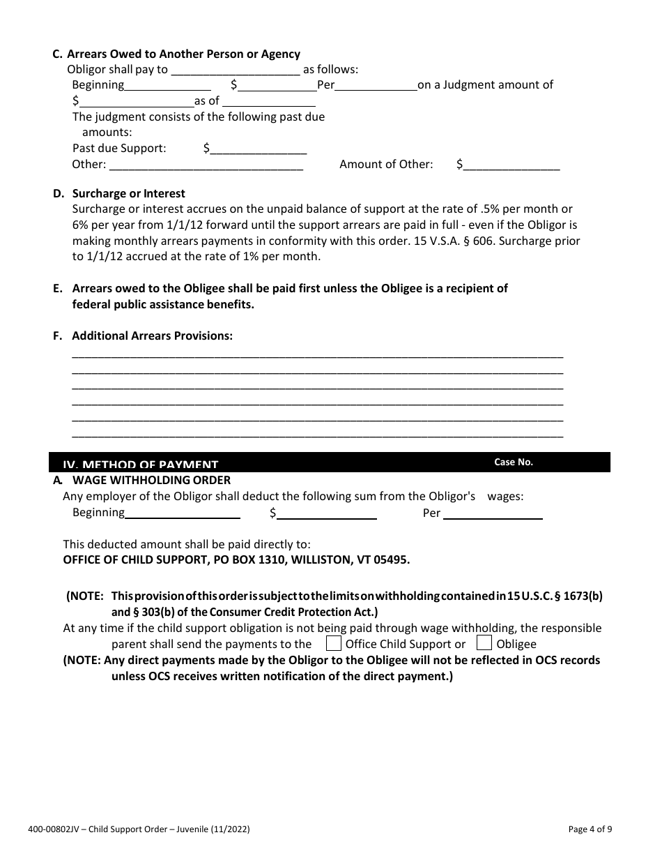 Form 400-00802JV Child Support Order - Vermont, Page 4