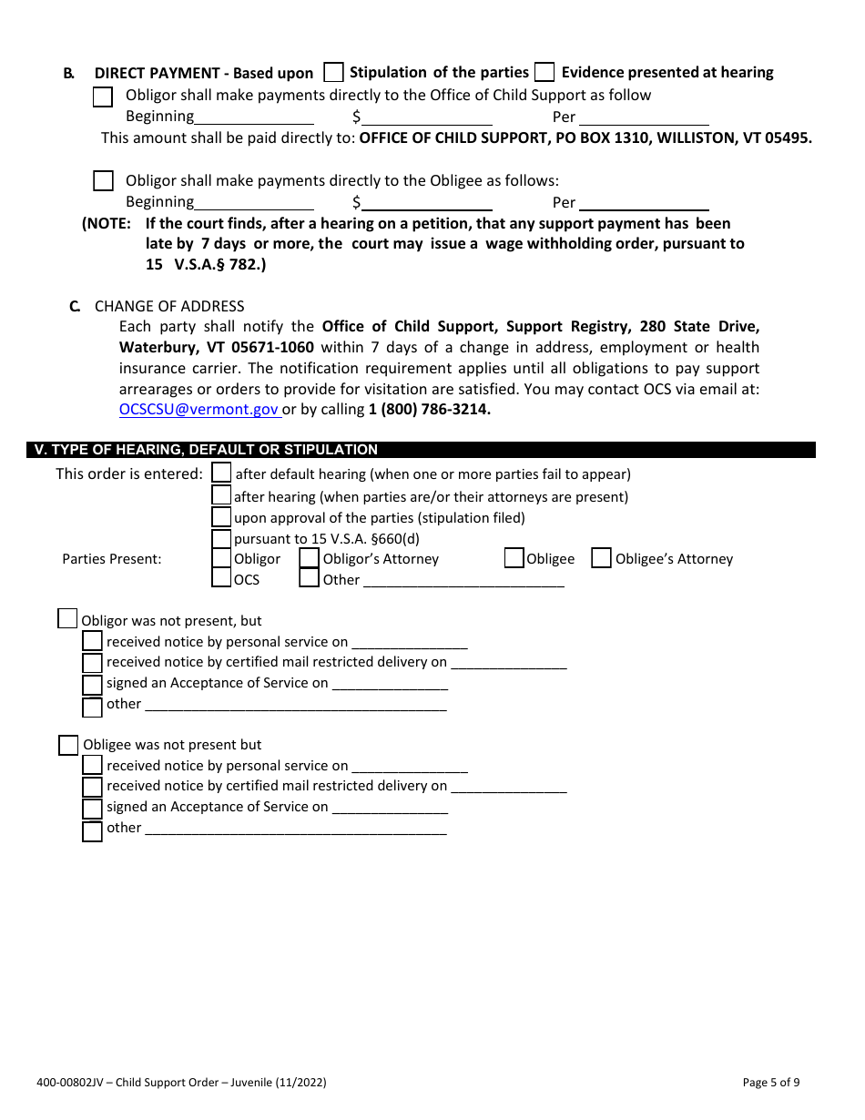 Form 400-00802JV Child Support Order - Vermont, Page 5