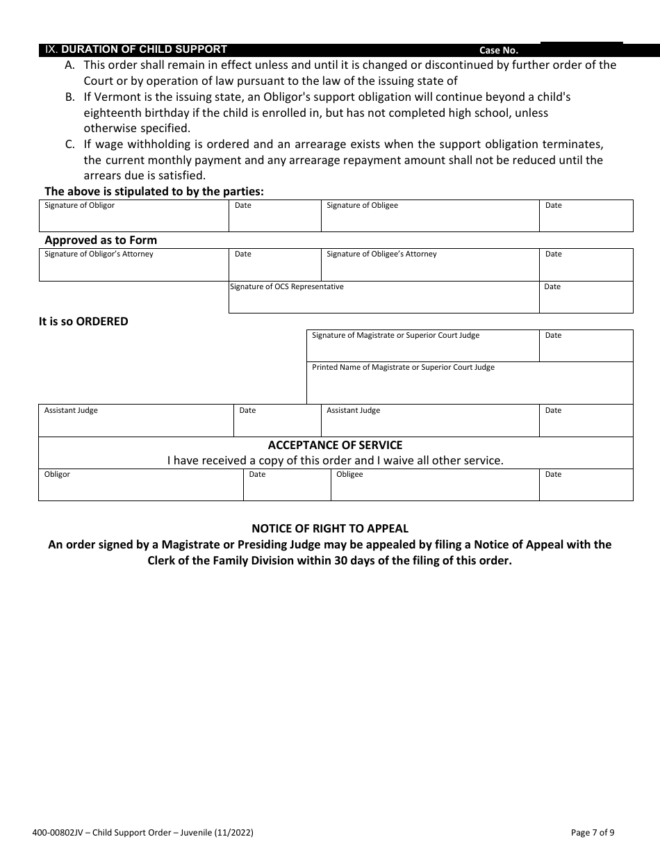 Form 400-00802JV Child Support Order - Vermont, Page 7