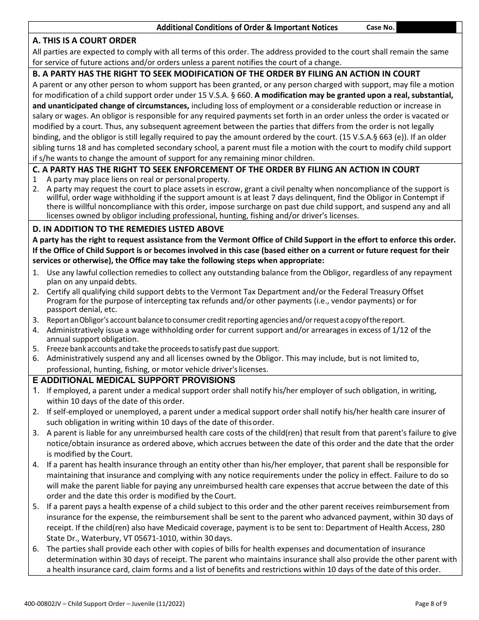 Form 400-00802JV Child Support Order - Vermont, Page 8