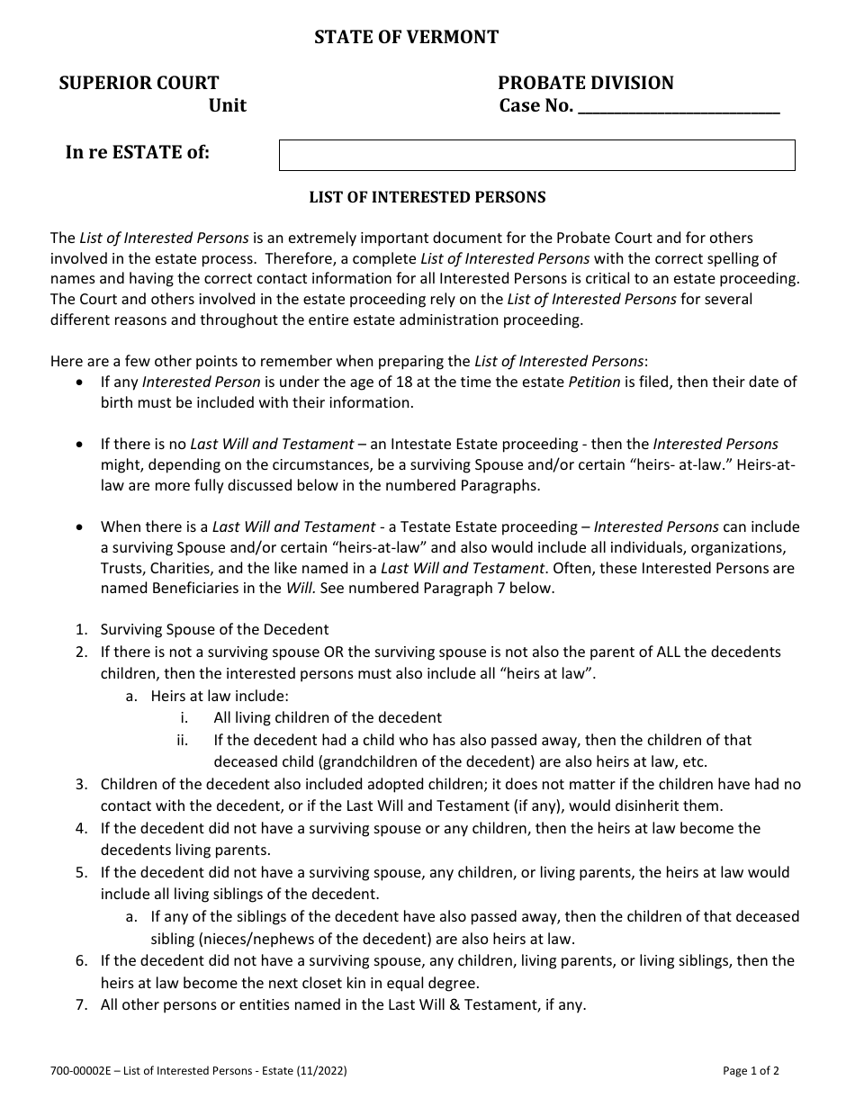 Form 700-00002E List of Interested Persons for Estates - Vermont, Page 1