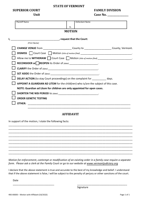 Form 400-00830 Motion With Affidavit - Vermont