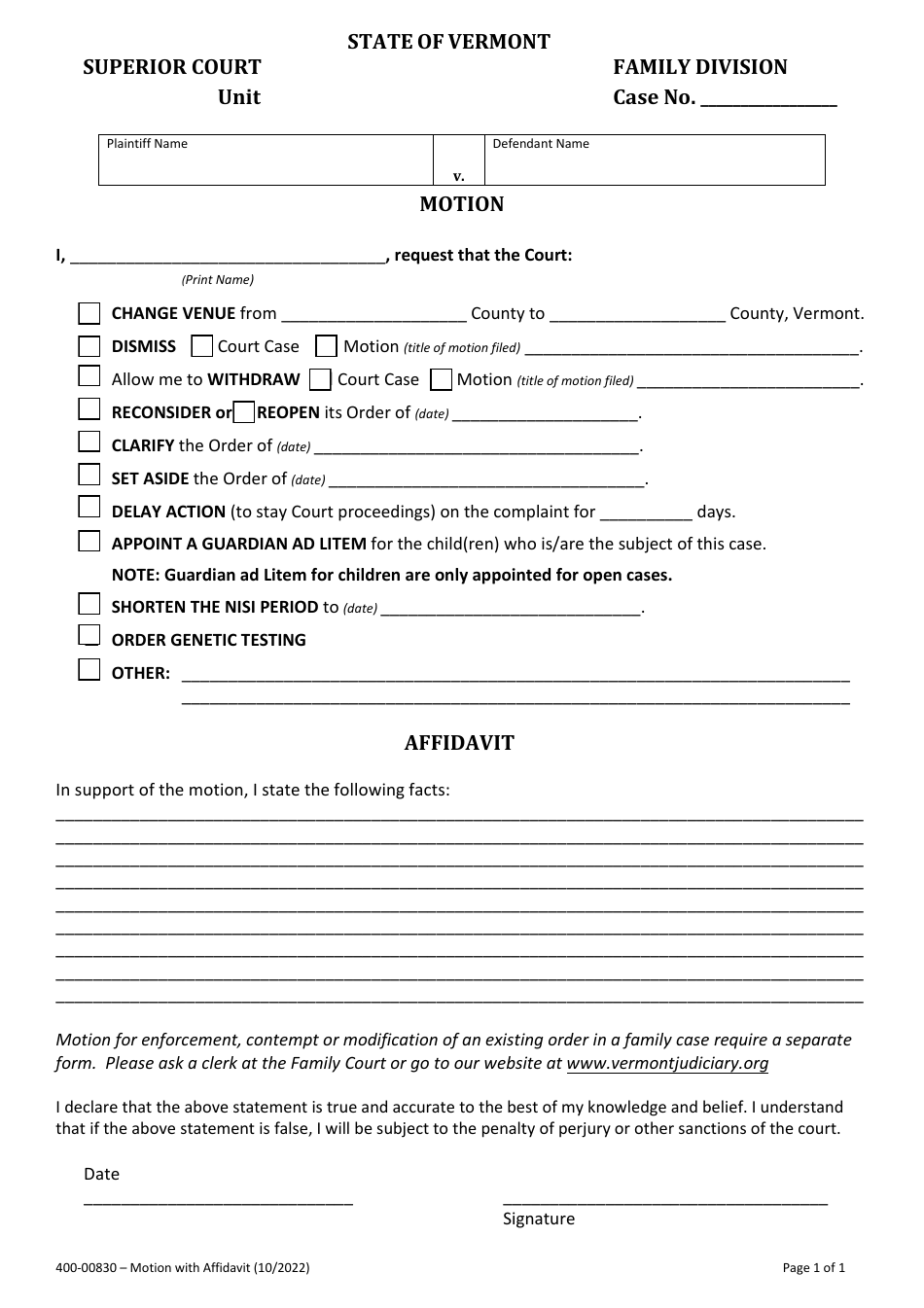 Form 400-00830 Motion With Affidavit - Vermont, Page 1