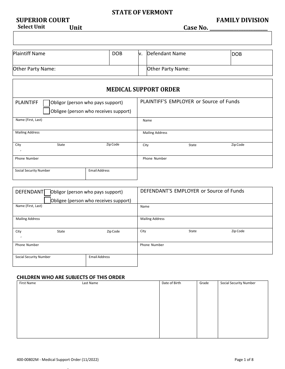 Form 400-00802M Medical Support Order - Vermont, Page 1