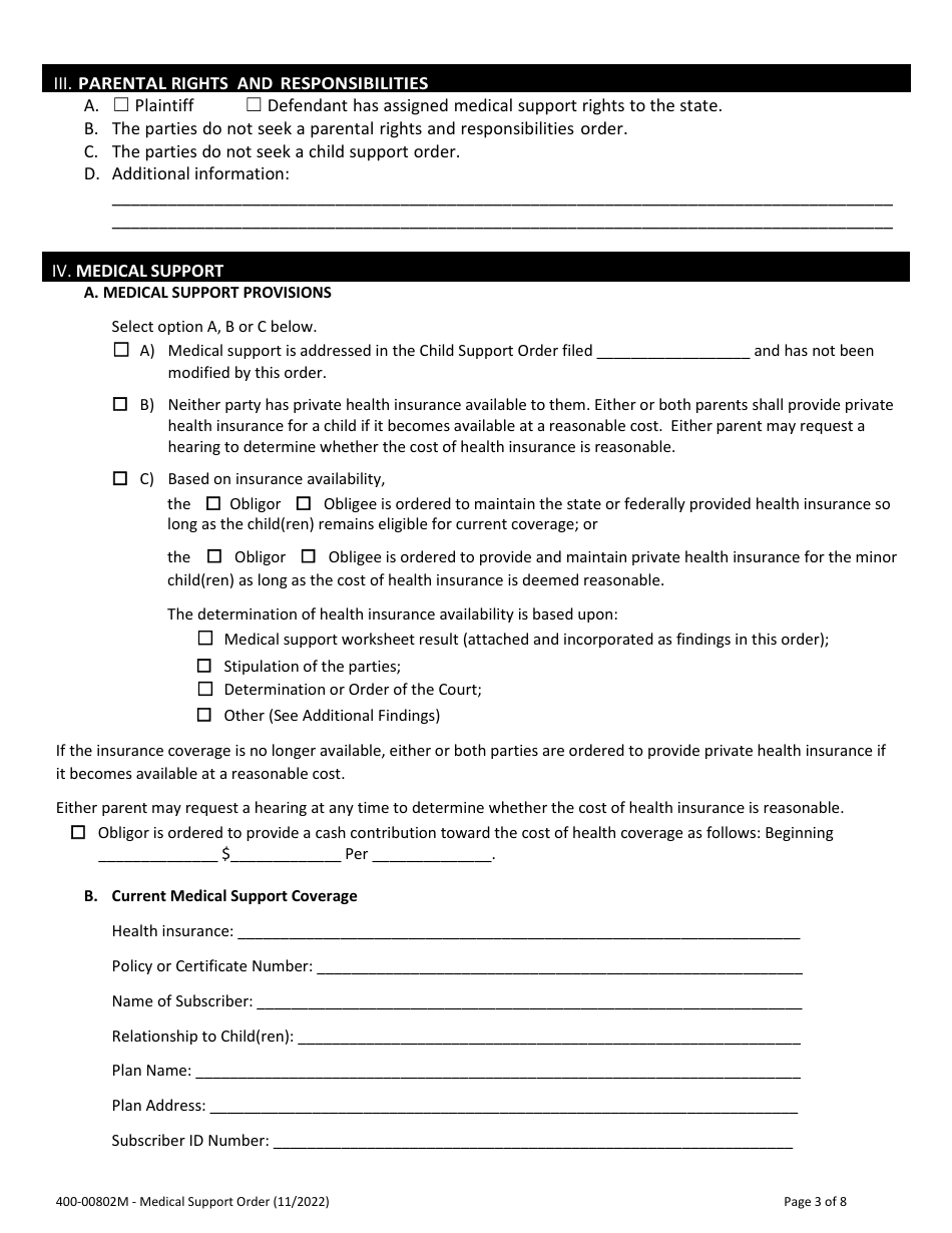 Form 400-00802M Medical Support Order - Vermont, Page 3