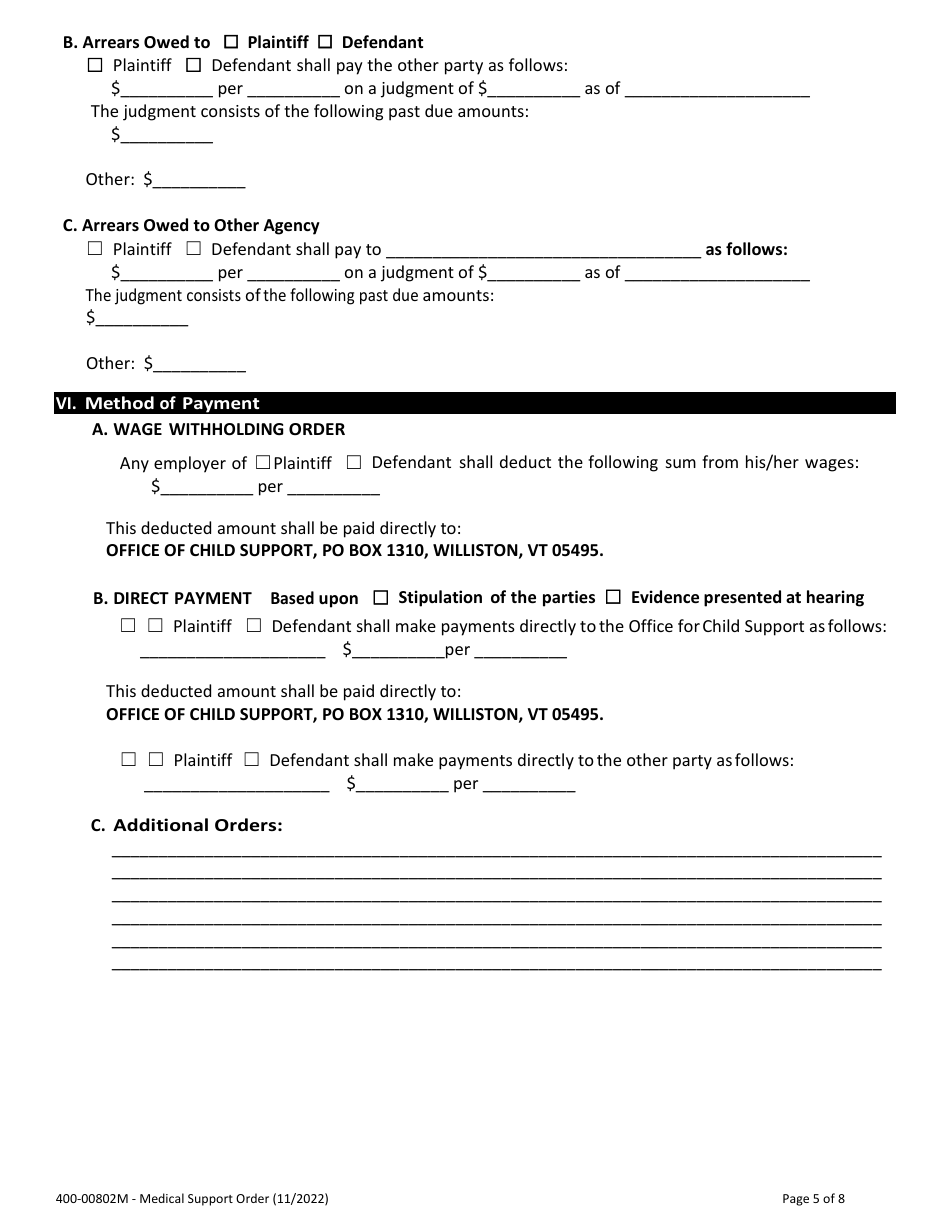Form 400-00802M Medical Support Order - Vermont, Page 5