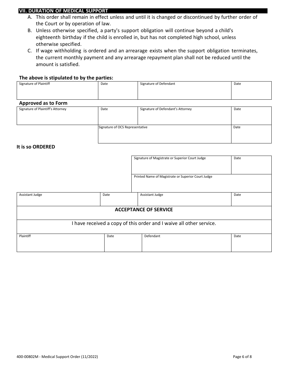 Form 400-00802M Medical Support Order - Vermont, Page 6