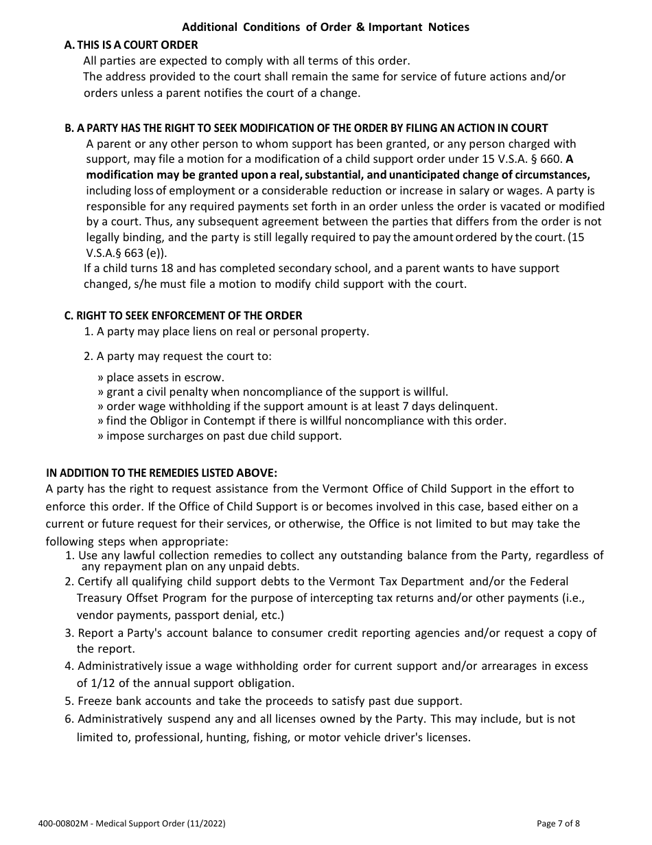 Form 400-00802M Medical Support Order - Vermont, Page 7