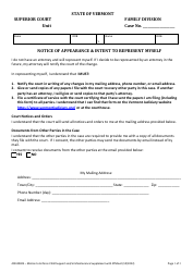 Form 400-00823 Notice of Appearance &amp; Intent to Represent Myself - Vermont