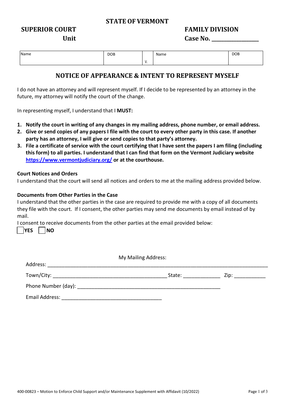 Form 400-00823 Notice of Appearance  Intent to Represent Myself - Vermont, Page 1
