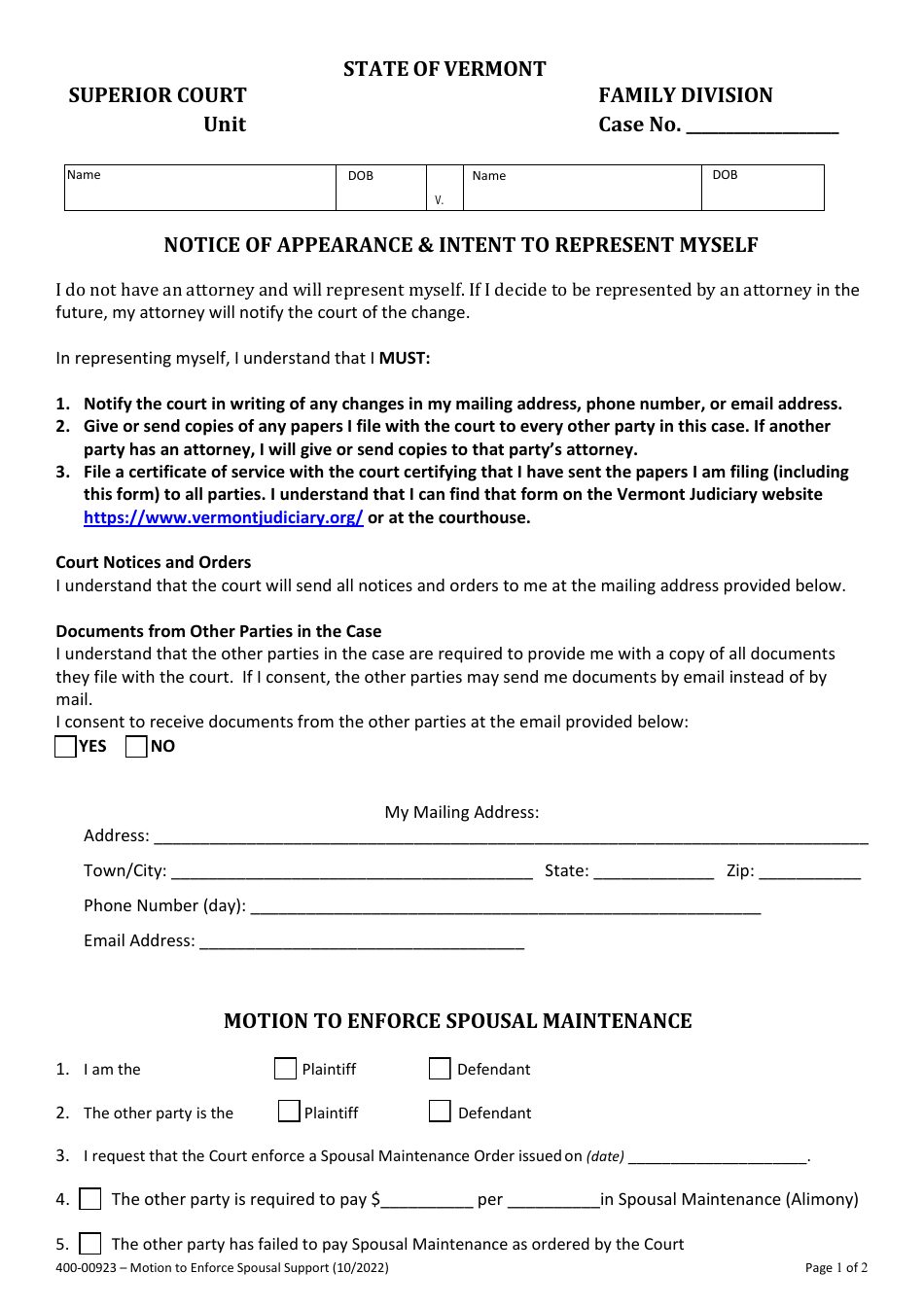 Form 400-00923 Notice of Appearance  Intent to Represent Myself - Vermont, Page 1