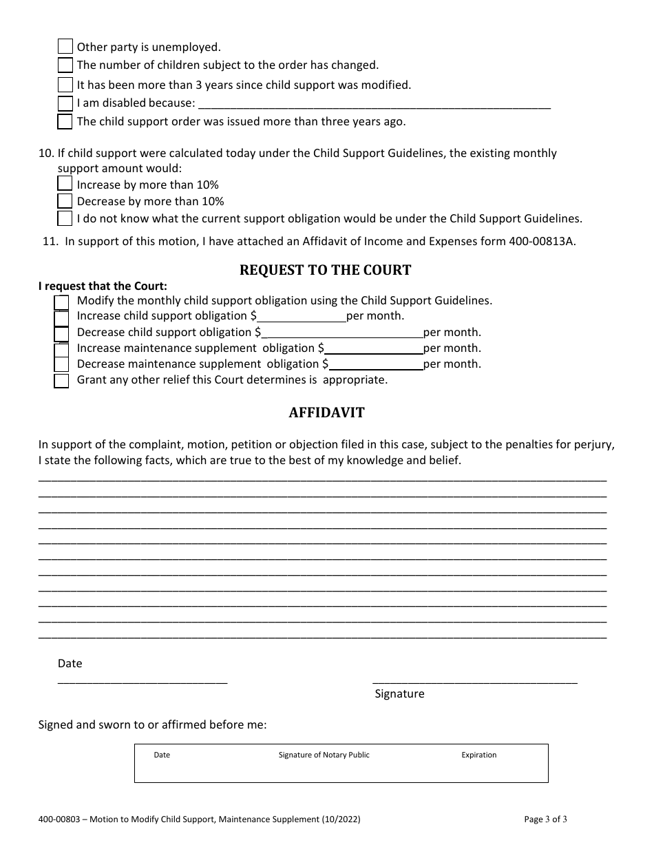 Form 400-00803 Motion to Modify Child Support and / or Maintenance Supplement - Vermont, Page 3