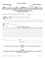 Document preview: Form 400-00153 Motion to Modify/Extend/Vacate Relief From Abuse Order - Vermont