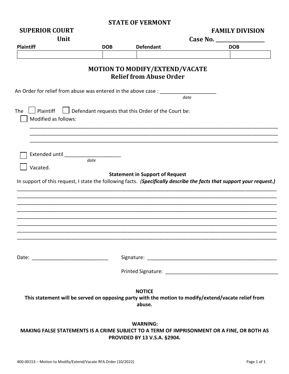 Form 400-00153 Motion to Modify / Extend / Vacate Relief From Abuse Order - Vermont, Page 1