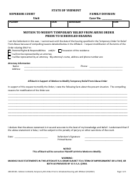 Document preview: Form 400-00158 Motion to Modify Temporary Relief From Abuse Order Prior to Scheduled Hearing - Vermont
