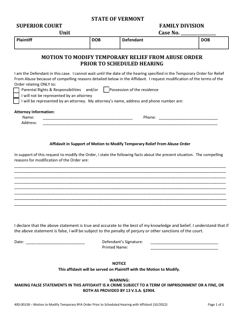 Form 400-00158 Motion to Modify Temporary Relief From Abuse Order Prior to Scheduled Hearing - Vermont