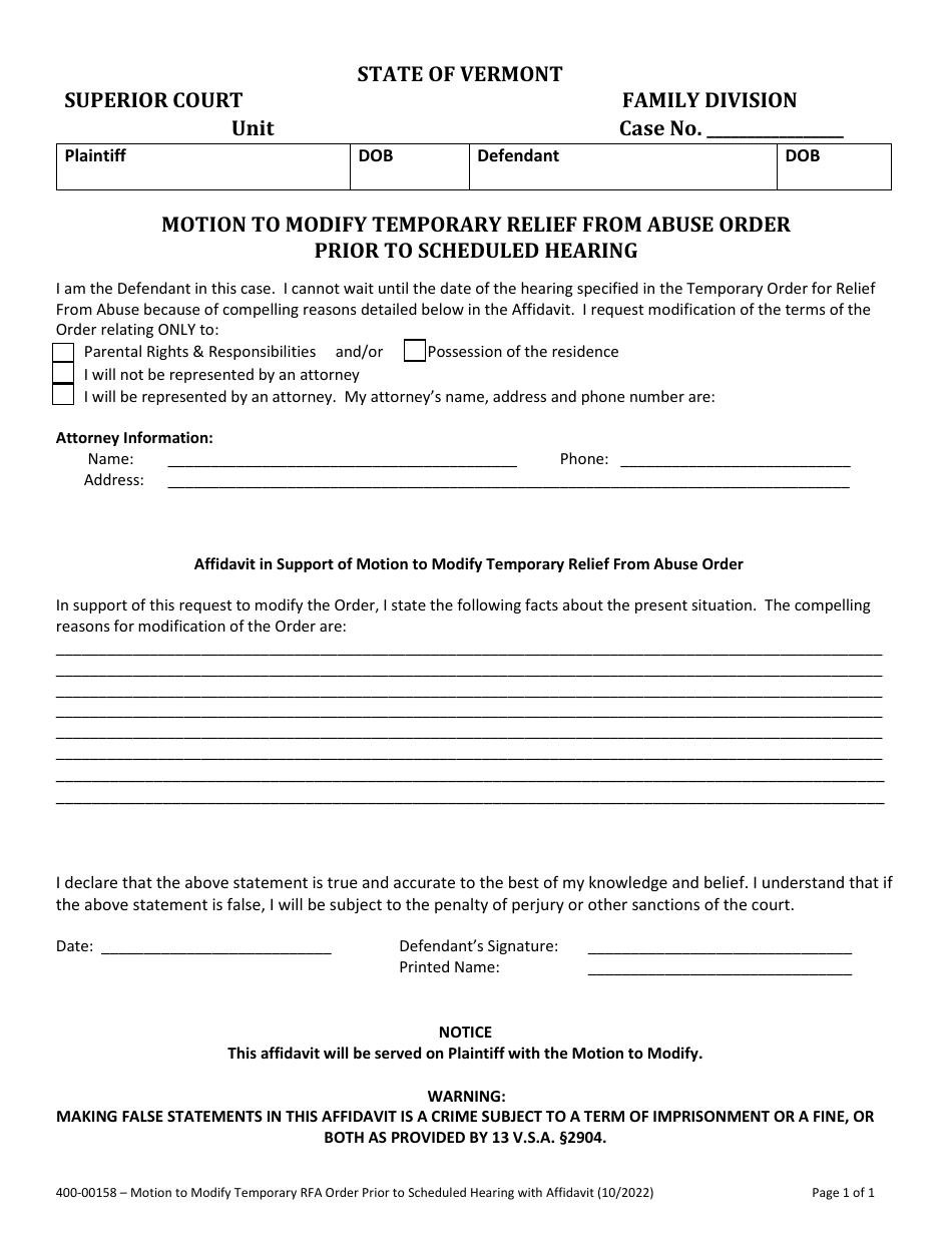Form 400-00158 Motion to Modify Temporary Relief From Abuse Order Prior to Scheduled Hearing - Vermont, Page 1