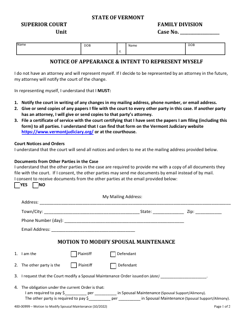 Form 400-00999 Motion to Modify Spousal Maintenance - Vermont
