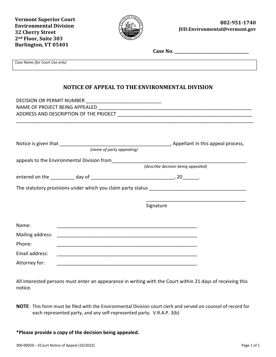 Form 300-00029 Notice of Appeal to the Environmental Division - Vermont, Page 1