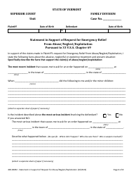 Document preview: Form 400-00852 Affidavit in Support of Request for Emergency Relief From Abuse/Neglect/Exploitation Pursuant to 33 V.s.a. Chapter 69 - Vermont
