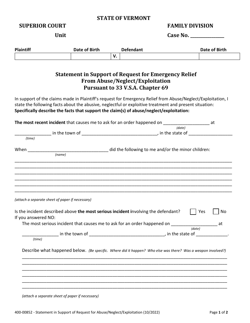 Form 400-00852 Affidavit in Support of Request for Emergency Relief From Abuse / Neglect / Exploitation Pursuant to 33 V.s.a. Chapter 69 - Vermont, Page 1