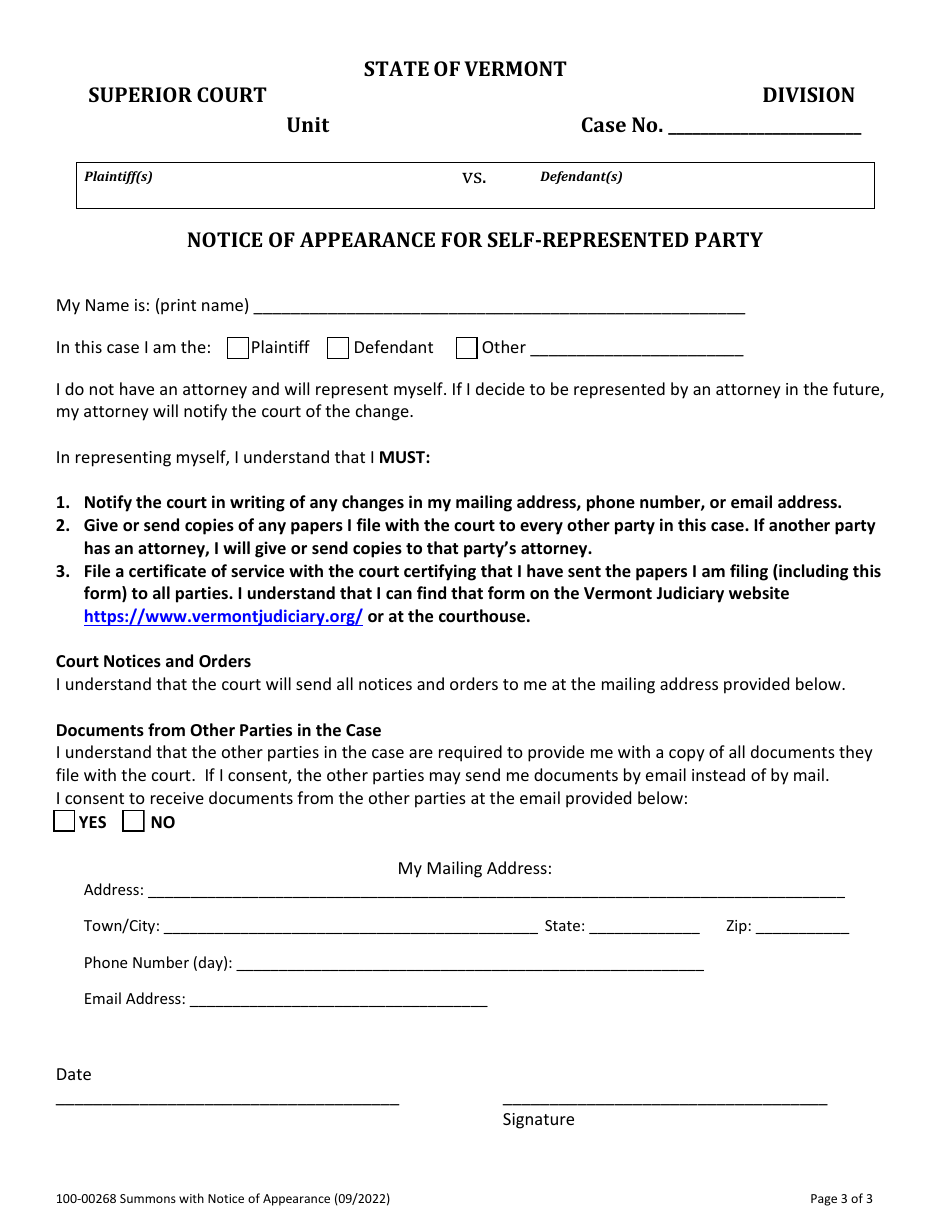Form 100-00268 Summons - Vermont, Page 3