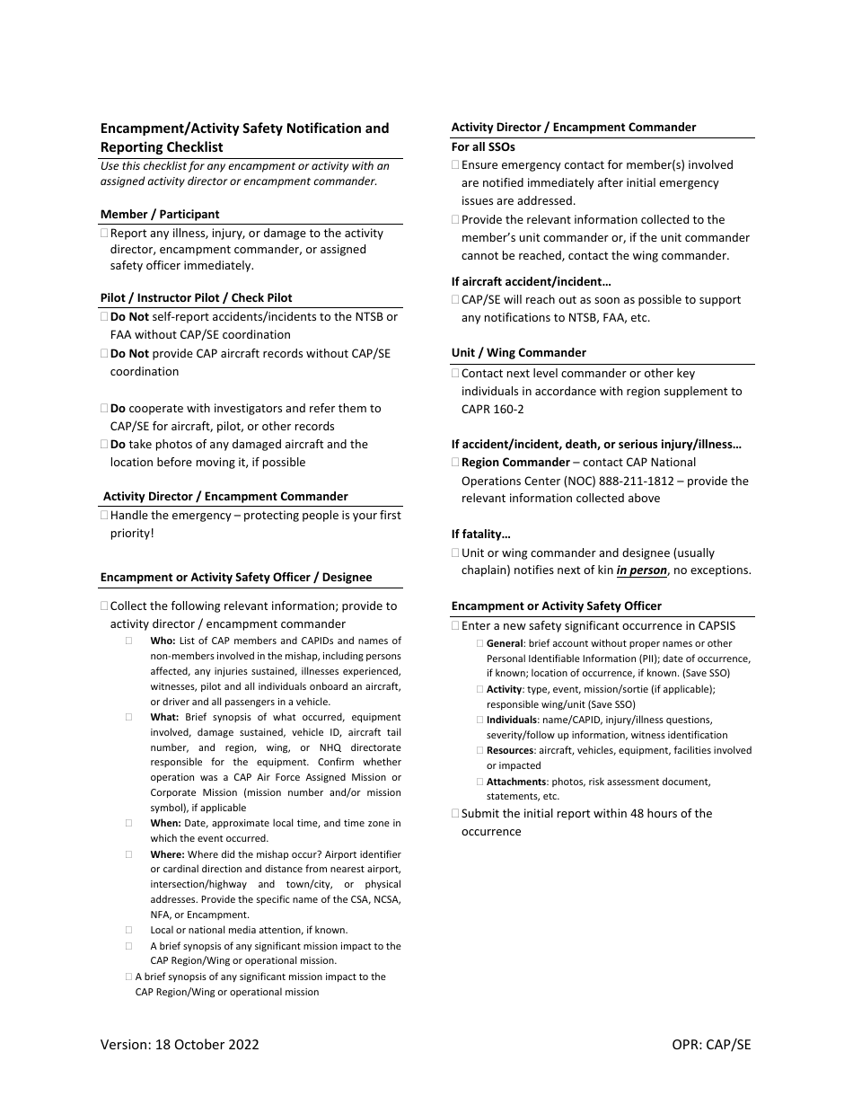 Encampment / Activity Safety Notification and Reporting Checklist, Page 1