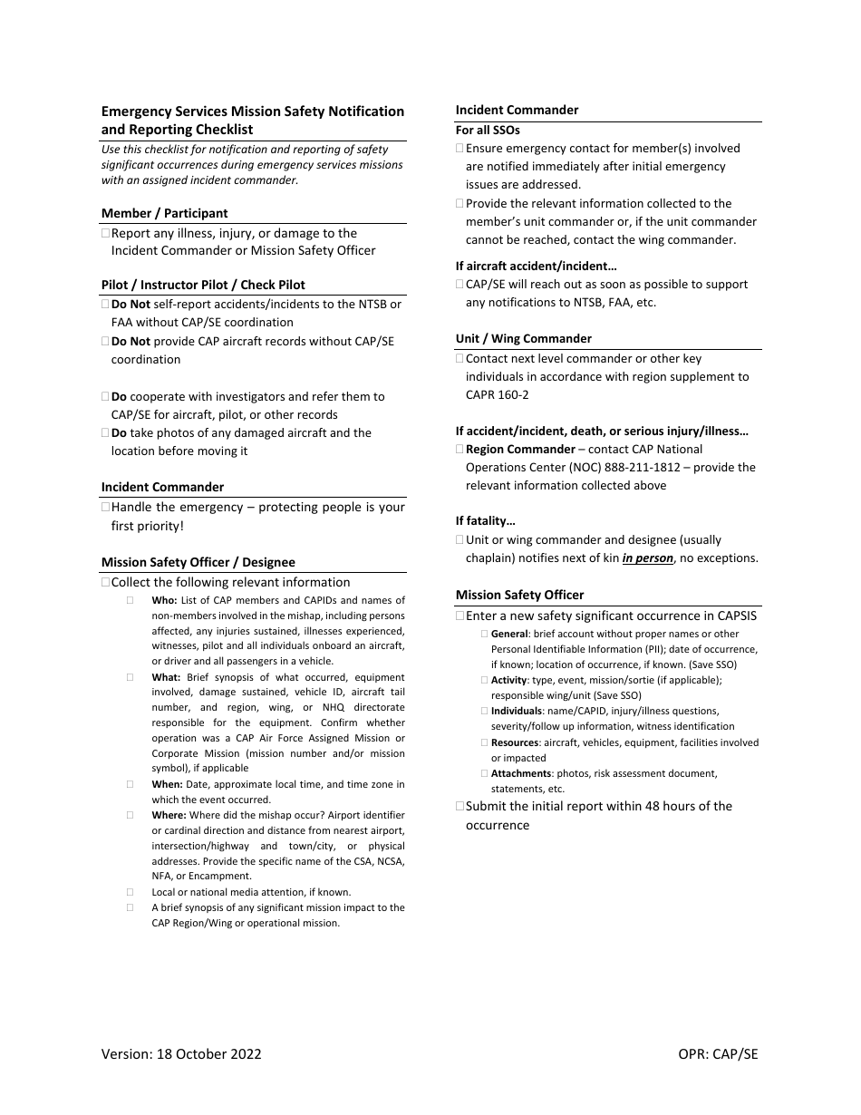 Emergency Services Mission Safety Notification and Reporting Checklist, Page 1