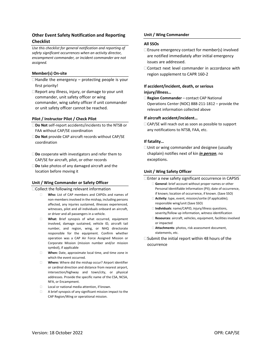 Other Event or Mission Safety Notification and Reporting Checklist, Page 1