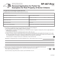 Form RP-467-RNW Renewal Application for Partial Tax Exemption for Real Property of Senior Citizens - New York