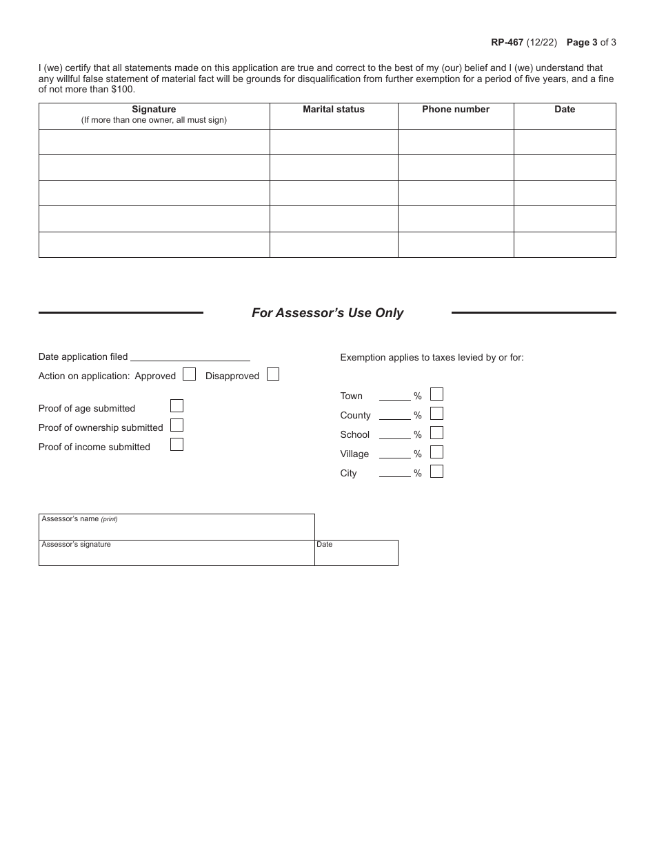 Form RP-467 Application for Partial Tax Exemption for Real Property of Senior Citizens - New York, Page 3