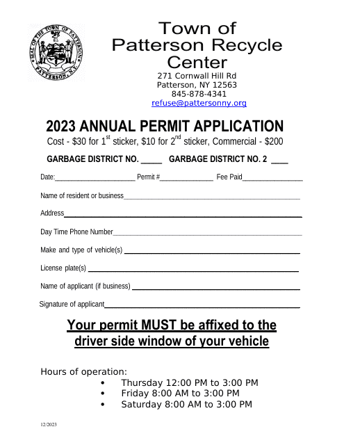 Annual Permit Application - Town of Patterson, New York, 2023