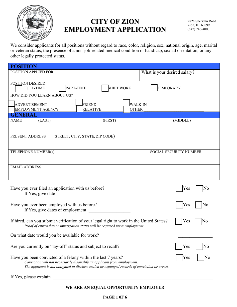 City of Zion, Illinois Employment Application - Fill Out, Sign Online ...