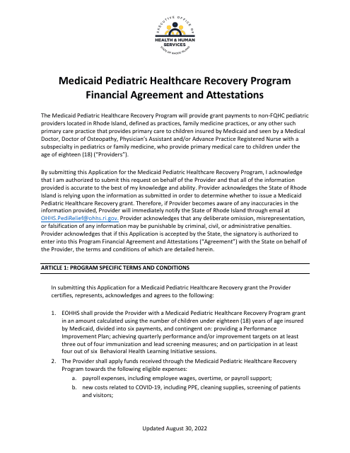 Financial Agreement and Attestations - Medicaid Pediatric Healthcare Recovery Program - Rhode Island