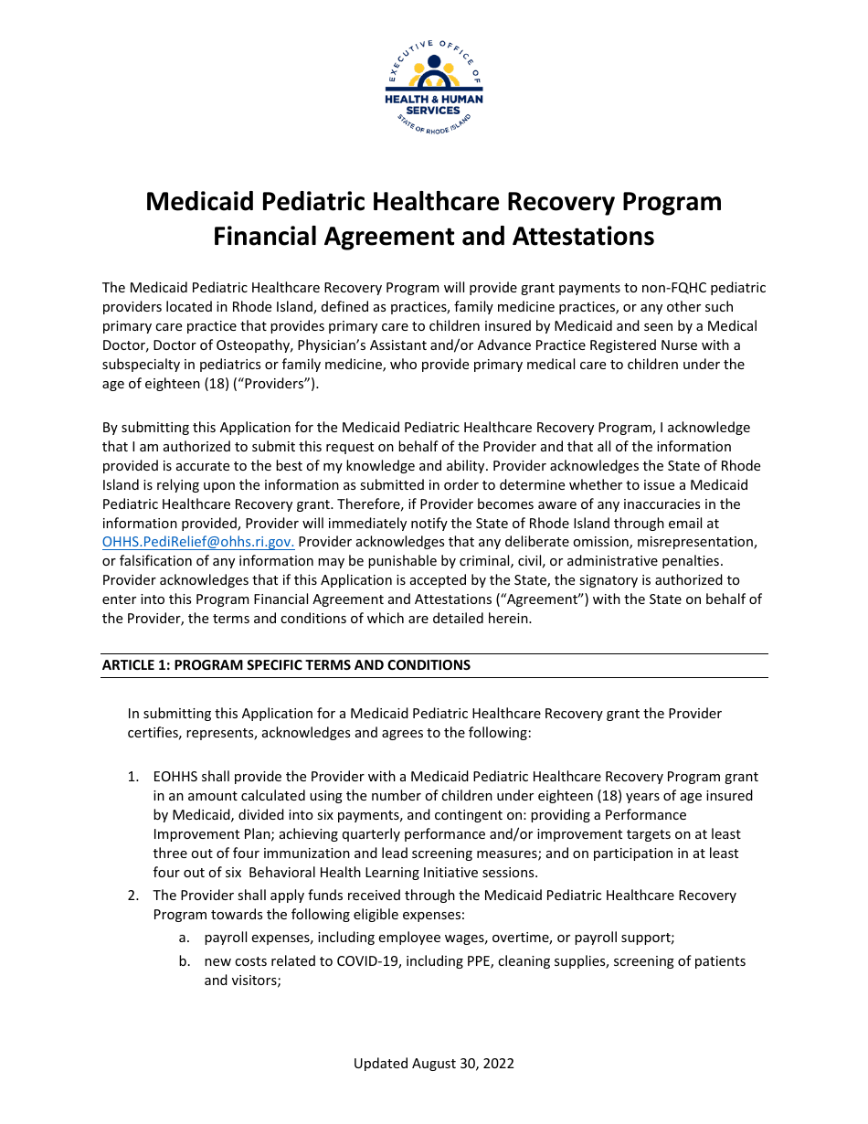 Financial Agreement and Attestations - Medicaid Pediatric Healthcare Recovery Program - Rhode Island, Page 1